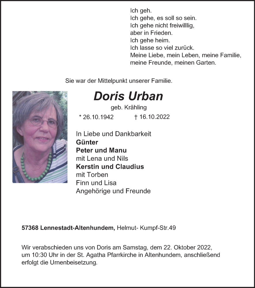  Traueranzeige für Doris Urban vom 18.10.2022 aus Tageszeitung