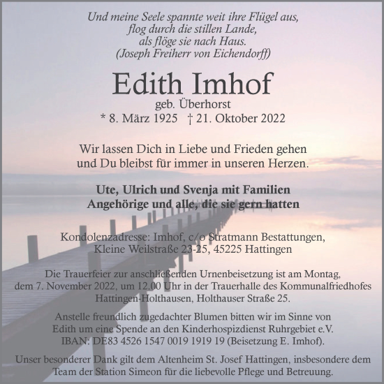 Traueranzeige von Edith Imhof von Tageszeitung