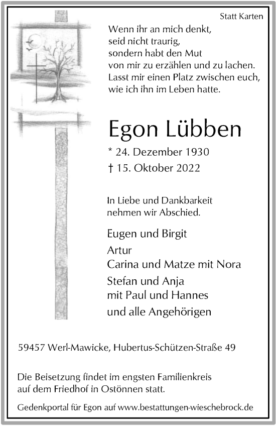 Traueranzeige von Egon Lübben von Tageszeitung