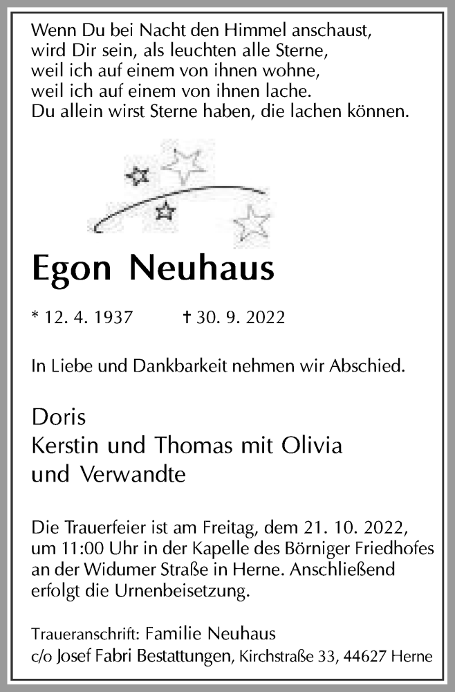  Traueranzeige für Egon Neuhaus vom 15.10.2022 aus Tageszeitung