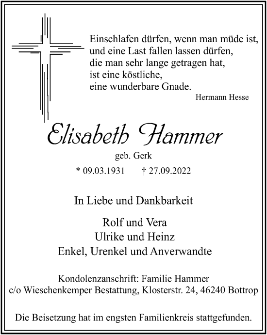 Traueranzeige von Elisabeth Hammer von Anzeigenblätter/Lokalkompass