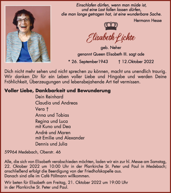 Traueranzeige von Elisabeth Lichte von Tageszeitung