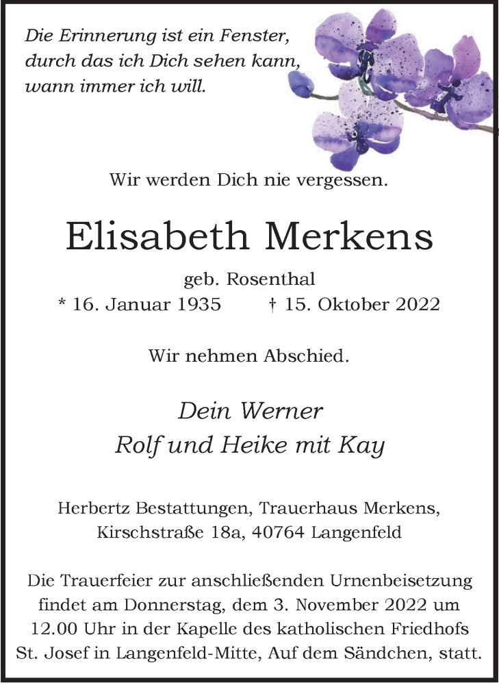  Traueranzeige für Elisabeth Merkens vom 22.10.2022 aus Tageszeitung
