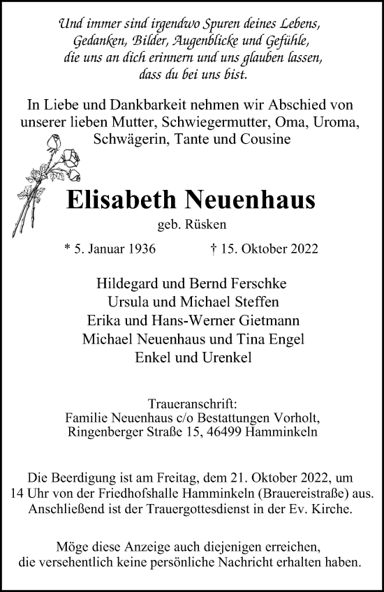 Traueranzeige von Elisabeth Neuenhaus von Tageszeitung