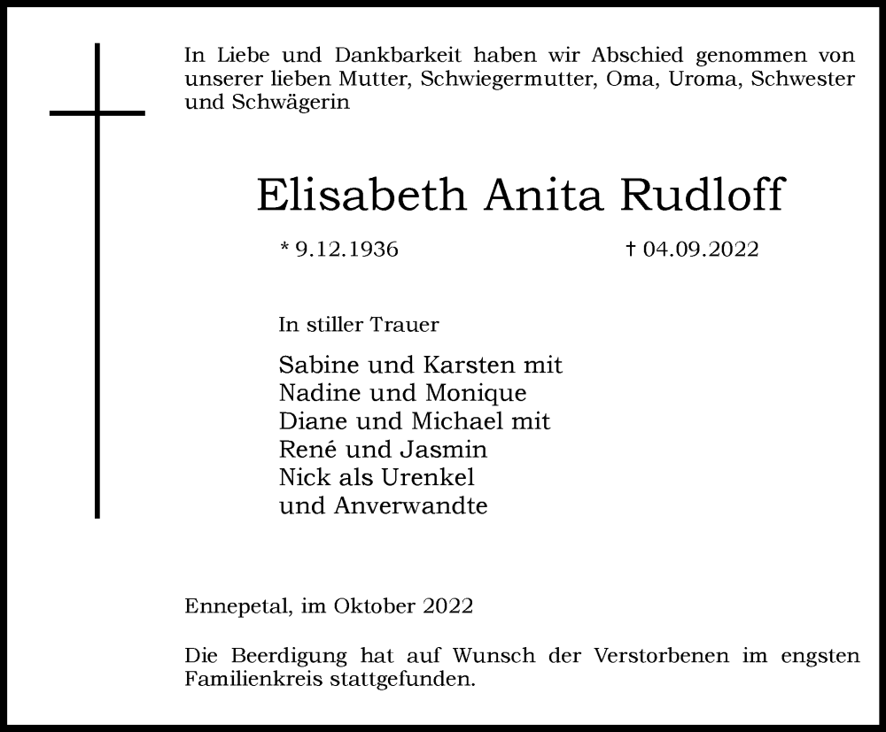  Traueranzeige für Elisabeth Anita Rudloff vom 15.10.2022 aus Tageszeitung