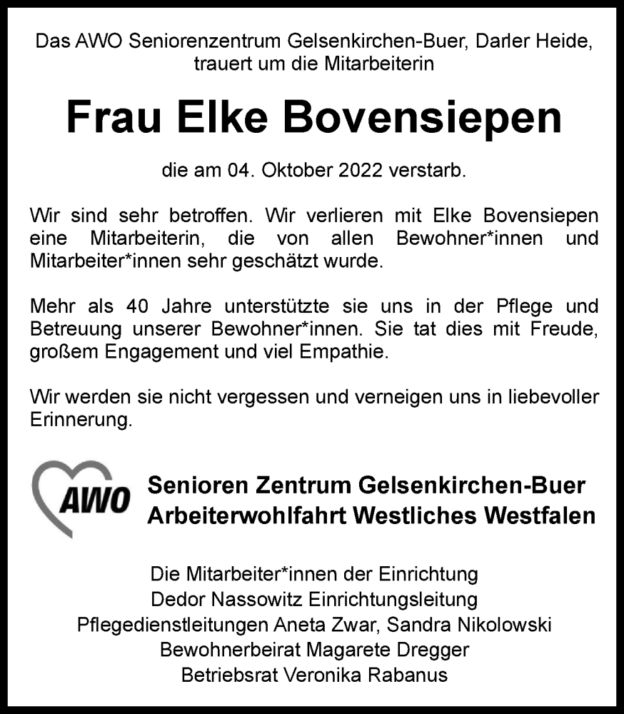  Traueranzeige für Elke Bovensiepen vom 19.10.2022 aus Tageszeitung