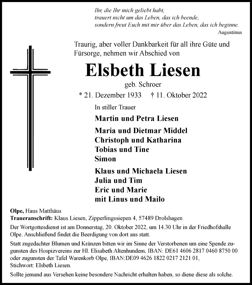  Traueranzeige für Elsbeth Liesen vom 15.10.2022 aus Tageszeitung
