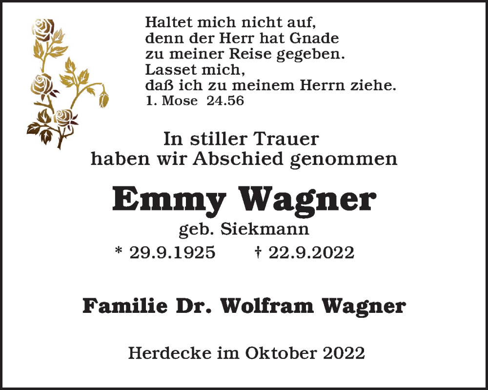  Traueranzeige für Emmy Wagner vom 15.10.2022 aus Tageszeitung