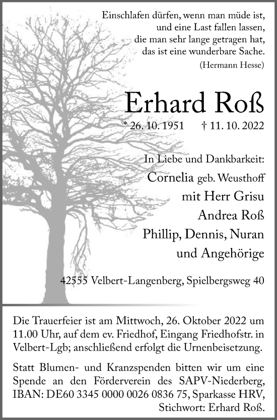 Traueranzeige von Erhard Roß von Tageszeitung