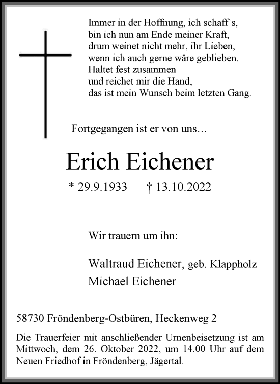 Traueranzeige von Erich Eichener von Tageszeitung