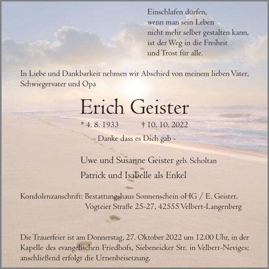 Traueranzeige von Erich Geister von Tageszeitung