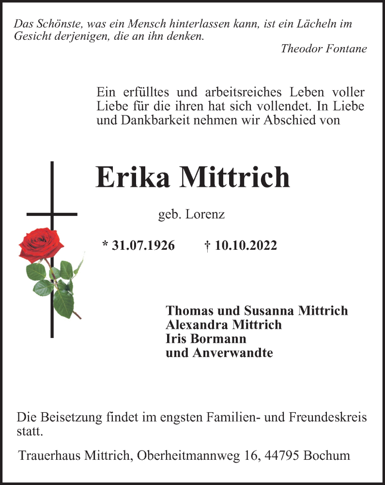  Traueranzeige für Erika Mittrich vom 19.10.2022 aus Tageszeitung