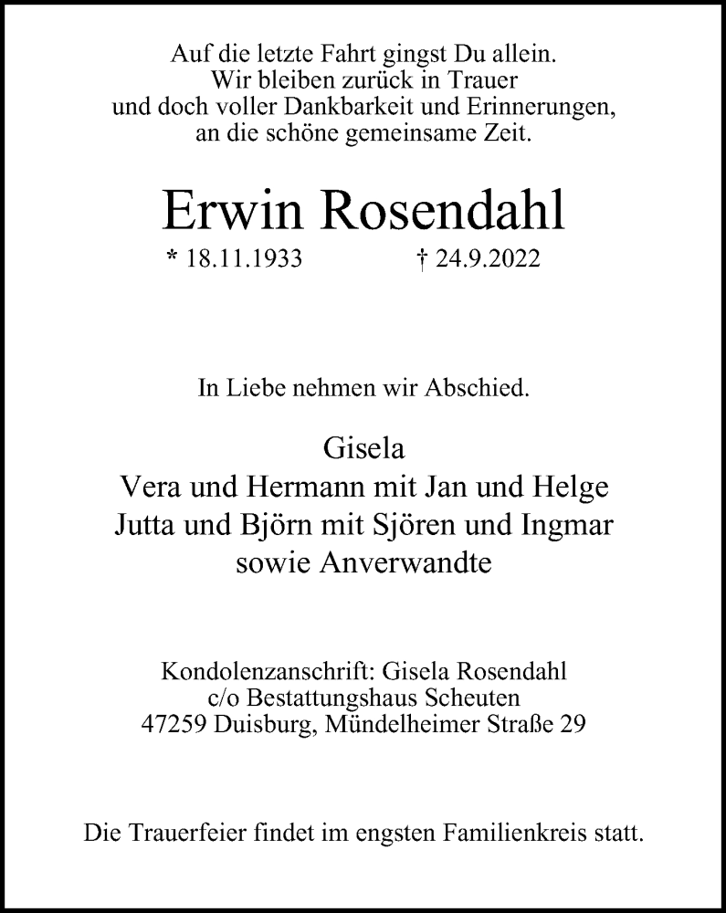  Traueranzeige für Erwin Rosendahl vom 15.10.2022 aus Tageszeitung