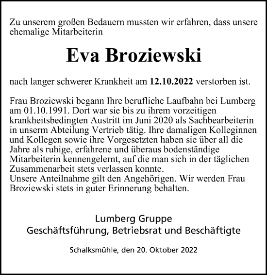 Traueranzeige von Eva Broziewski von Tageszeitung
