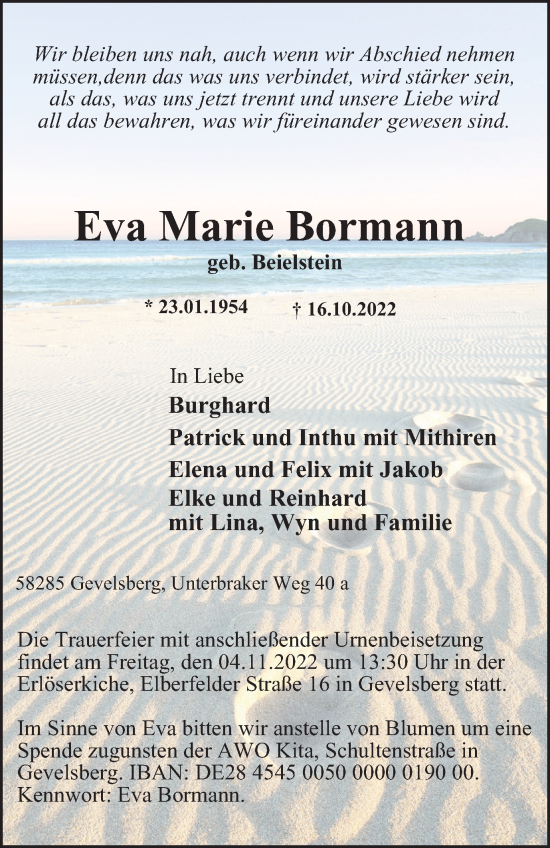Traueranzeige von Eva Marie Bormann von Tageszeitung