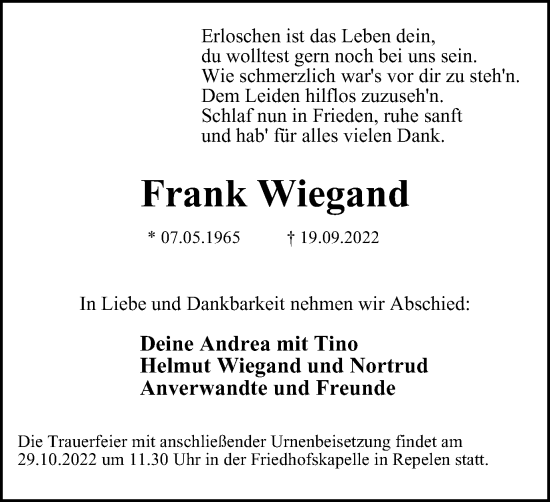 Traueranzeige von Frank Wiegand von Tageszeitung