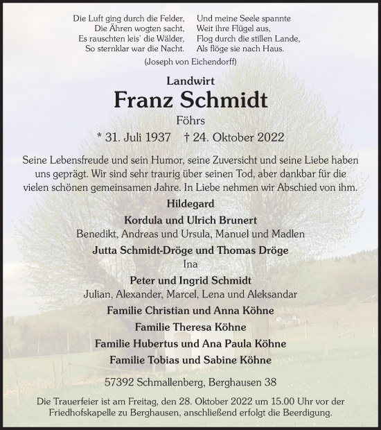 Traueranzeige von Franz Schmidt von Tageszeitung