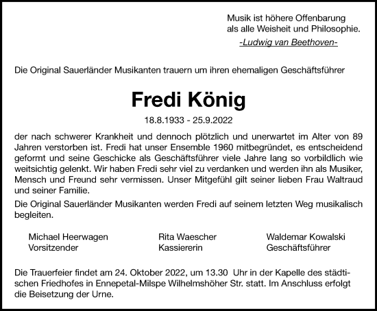 Traueranzeige von Fredi König von Tageszeitung