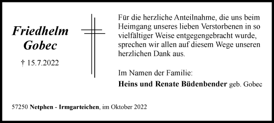 Traueranzeige von Friedhelm Gobec von Tageszeitung