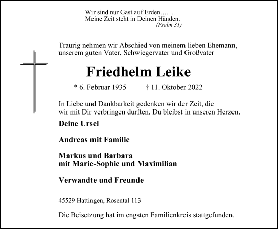Traueranzeige von Friedhelm Leike von Tageszeitung