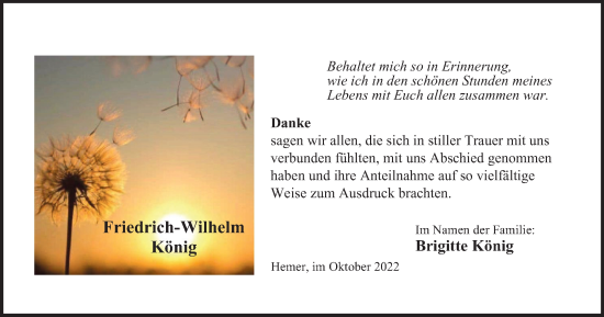 Traueranzeige von Friedrich-Wilhelm König von Tageszeitung