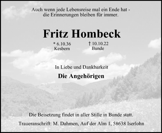 Traueranzeige von Fritz Hombeck von Tageszeitung