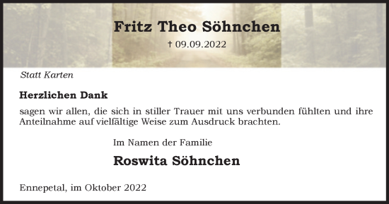 Traueranzeige von Fritz Theo Söhnchen von Tageszeitung