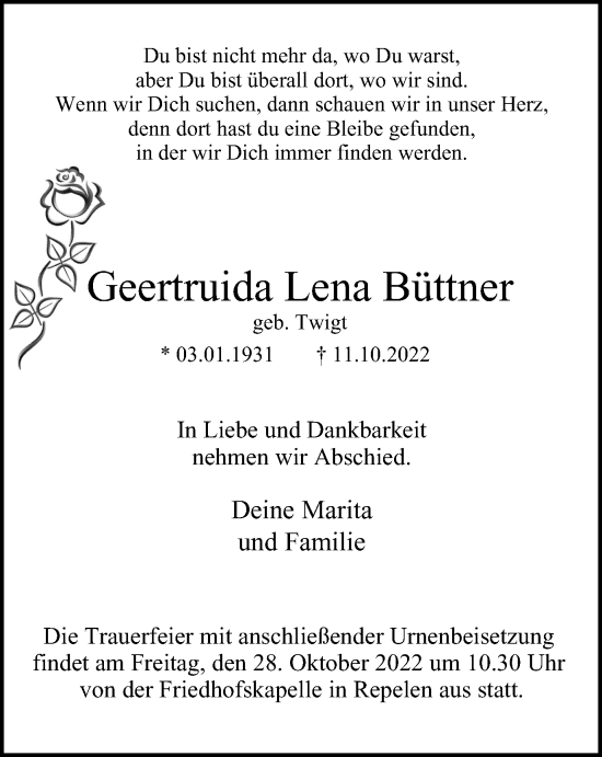 Traueranzeige von Geertruida Lena Büttner von Tageszeitung