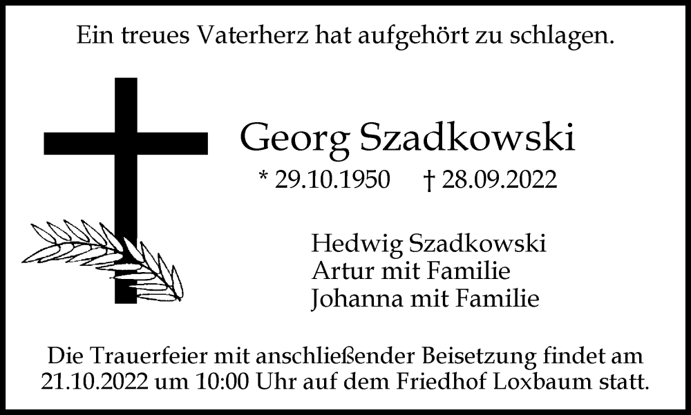  Traueranzeige für Georg Szadkowski vom 15.10.2022 aus Tageszeitung