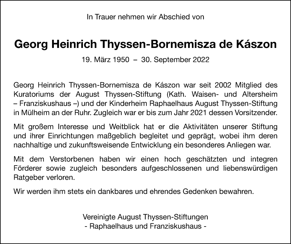  Traueranzeige für Georg Heinrich Thyssen-Bornemisza de Kászon vom 22.10.2022 aus Tageszeitung