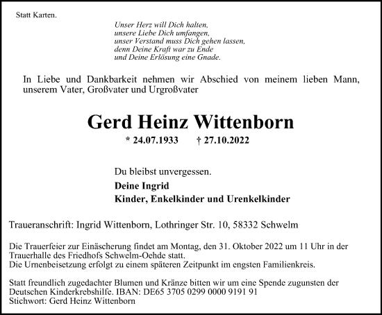 Traueranzeige von Gerd Heinz Wittenborn von Tageszeitung