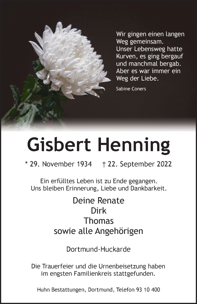  Traueranzeige für Gisbert Henning vom 15.10.2022 aus Tageszeitung