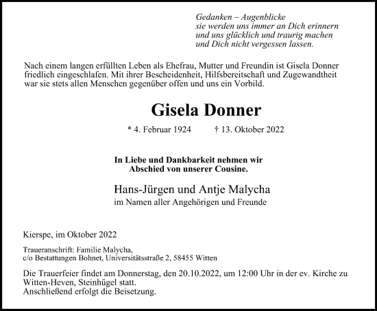 Traueranzeige von Gisela Donner von Tageszeitung