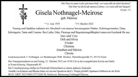 Traueranzeige von Gisela Nothnagel-Meirose von Tageszeitung