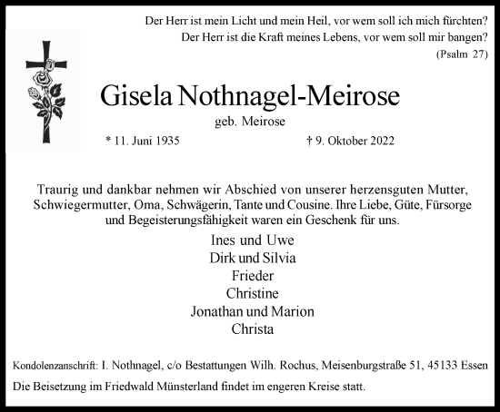 Traueranzeige von Gisela Nothnagel-Meirose von Tageszeitung