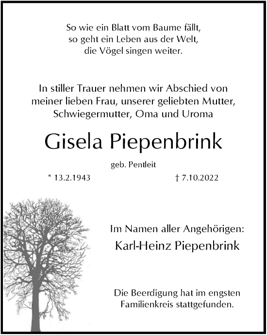 Traueranzeige von Gisela Piepenbrink von Tageszeitung