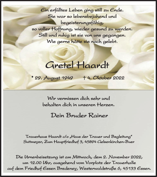 Traueranzeige von Gretel Haardt von Tageszeitung