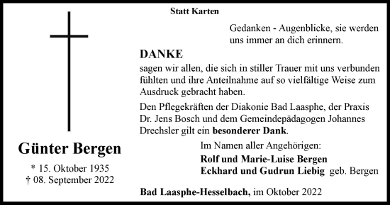 Traueranzeige von Günter Bergen von Tageszeitung