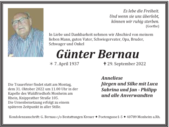 Traueranzeige von Günter Bernau von Tageszeitung