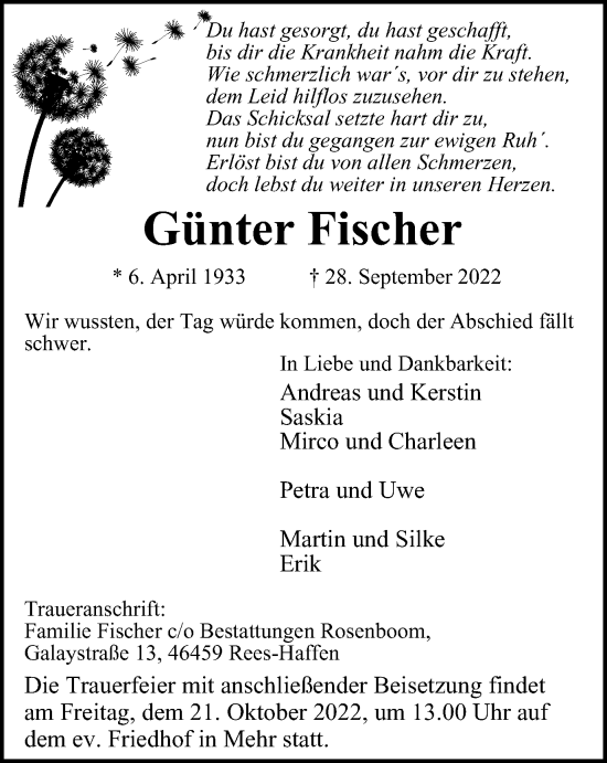 Traueranzeige von Günter Fischer von Anzeigenblätter/Lokalkompass