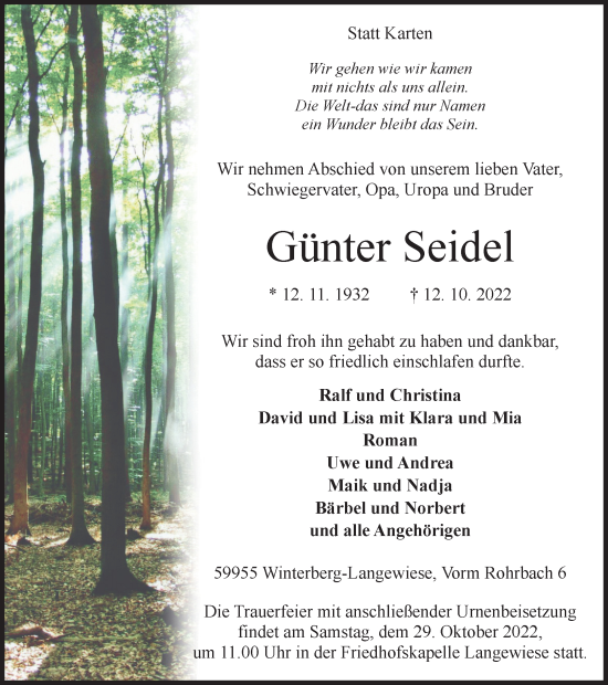 Traueranzeige von Günter Seidel von Tageszeitung