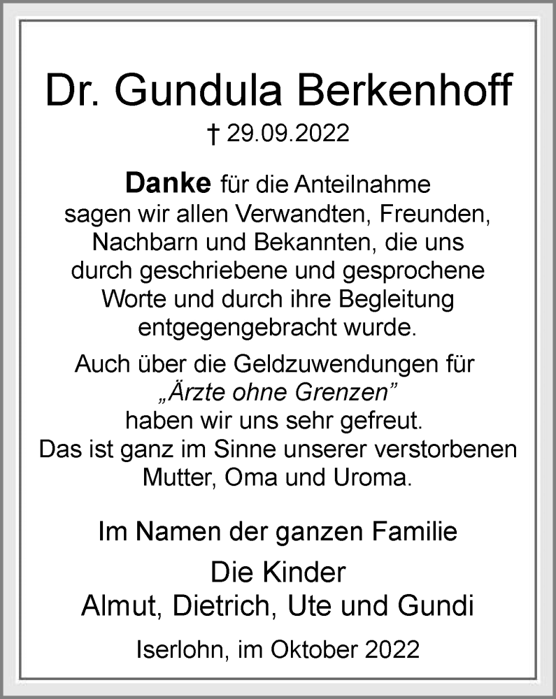  Traueranzeige für Gundula Berkenhoff vom 29.10.2022 aus WESTDEUTSCHE ALLGEMEINE ZEITUNG