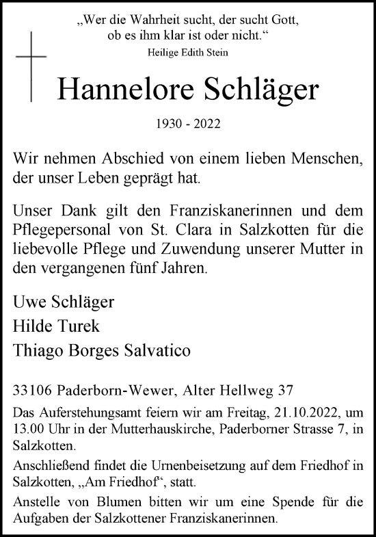 Traueranzeige von Hannelore Schläger von Tageszeitung