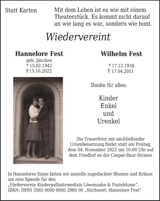Traueranzeige von Hannelore und Wilhelm Fest von Tageszeitung