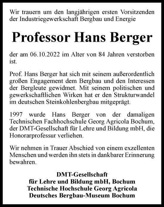 Traueranzeige von Hans Berger von Tageszeitung