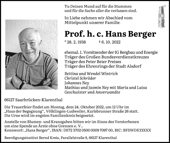Traueranzeige von Hans Berger von Tageszeitung