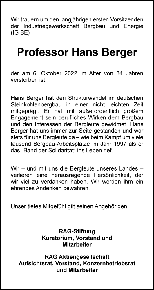 Traueranzeige von Hans Berger von Tageszeitung