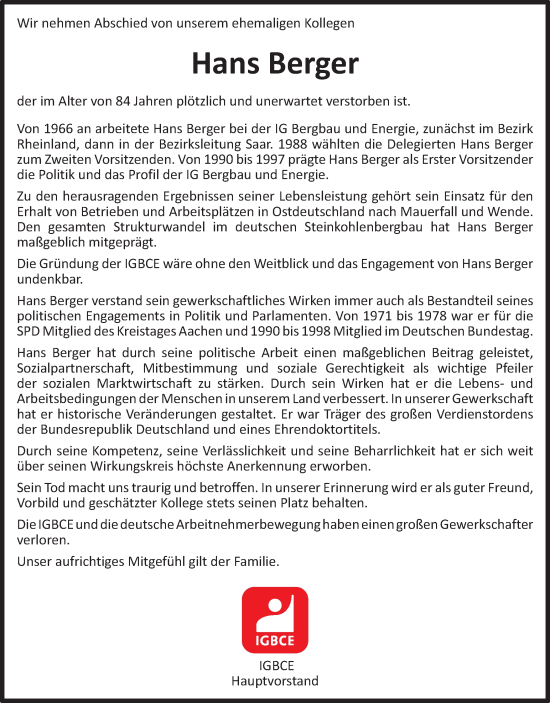 Traueranzeige von Hans Berger von Tageszeitung