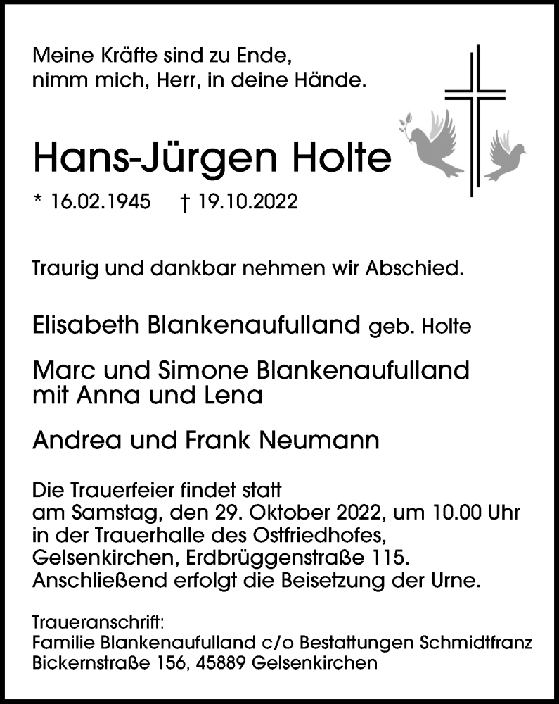  Traueranzeige für Hans-Jürgen Holte vom 22.10.2022 aus Tageszeitung