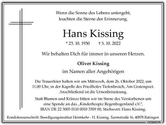 Traueranzeige von Hans Kissing von Anzeigenblätter/Lokalkompass